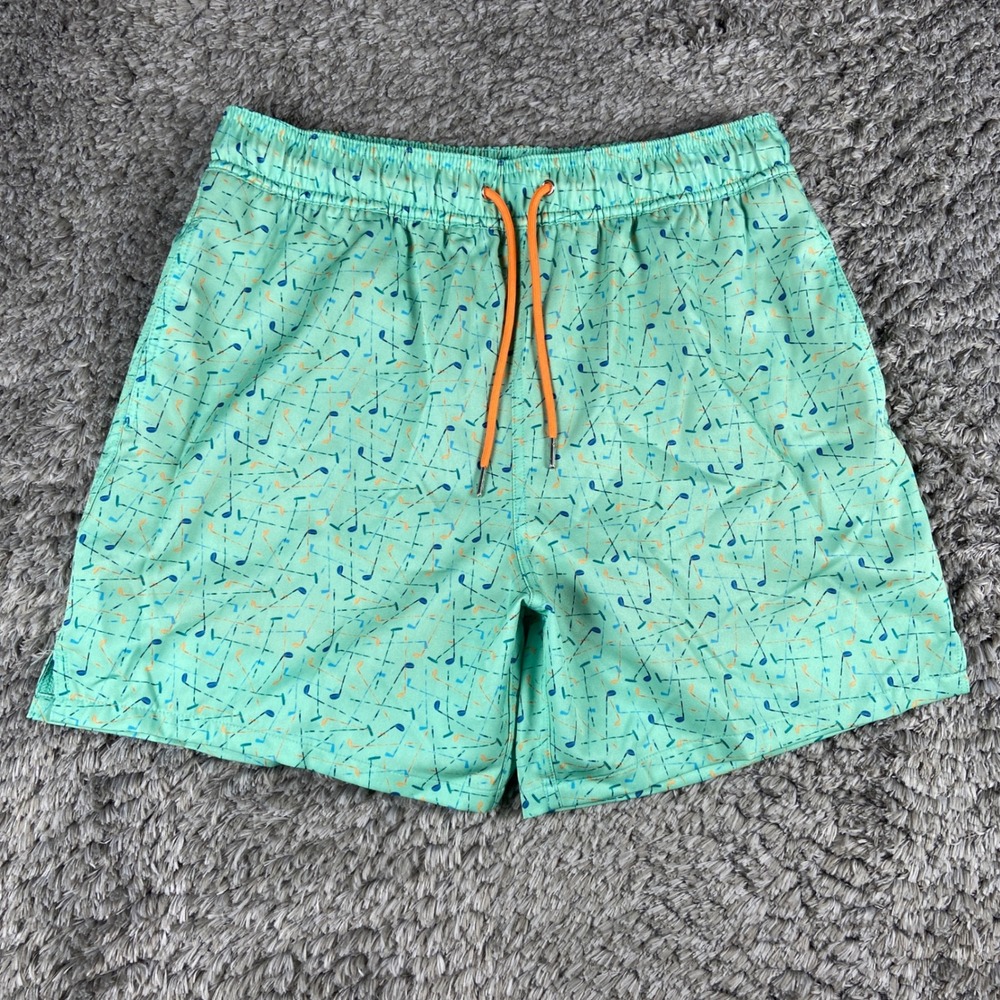 Robert Graham Golf Clubs Swim Trunks Mens Small Green Novelty Print Shorts Lined
